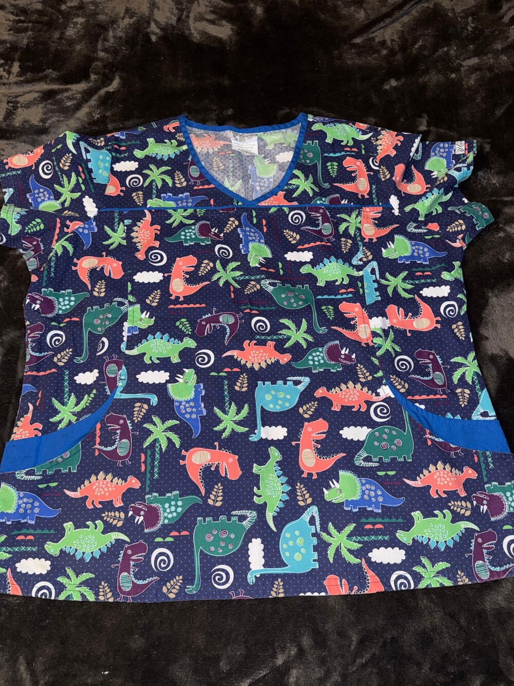 U/Scrubs Co. 2X-Large Navy Dinosaur Print Scrub Top Cotton Blend
